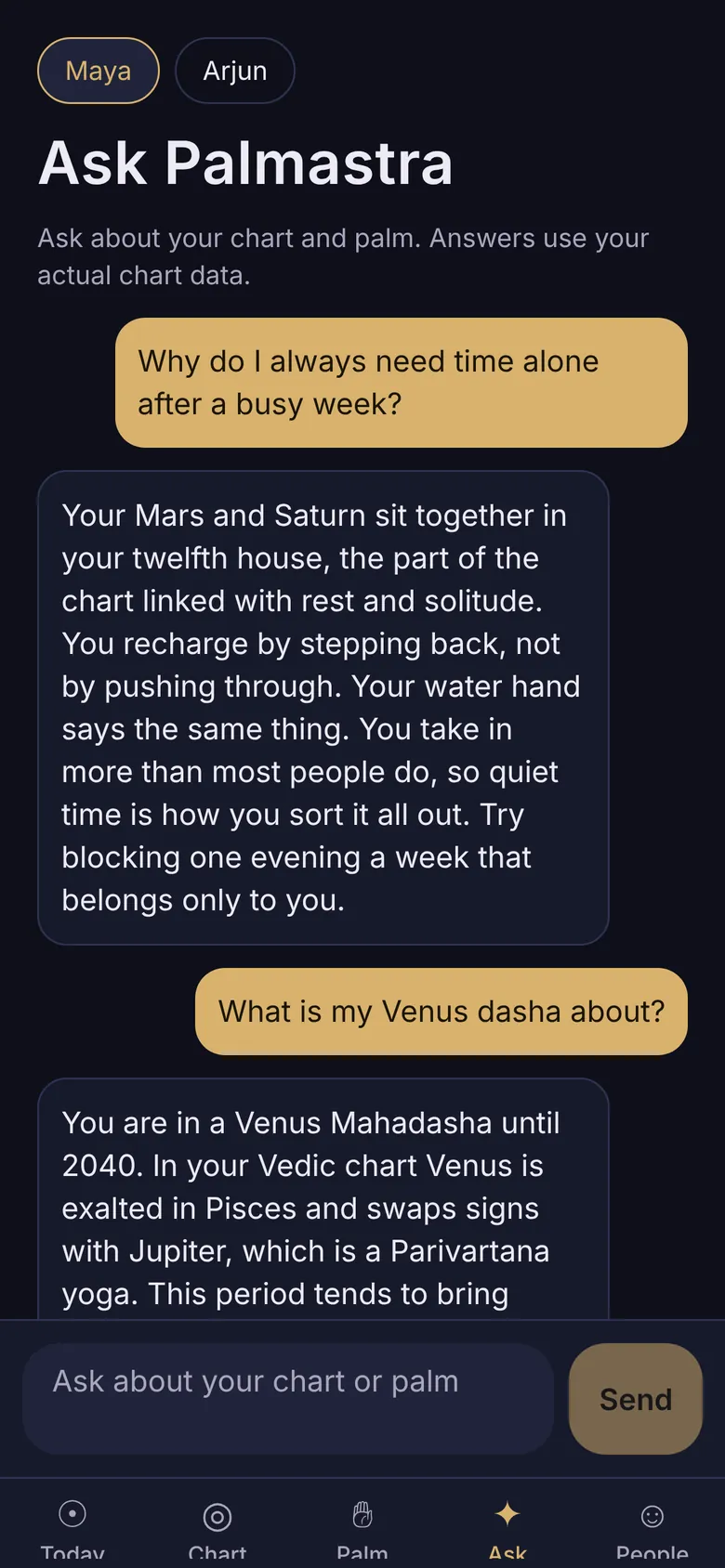 A chat in the app answering a question about Venus dasha